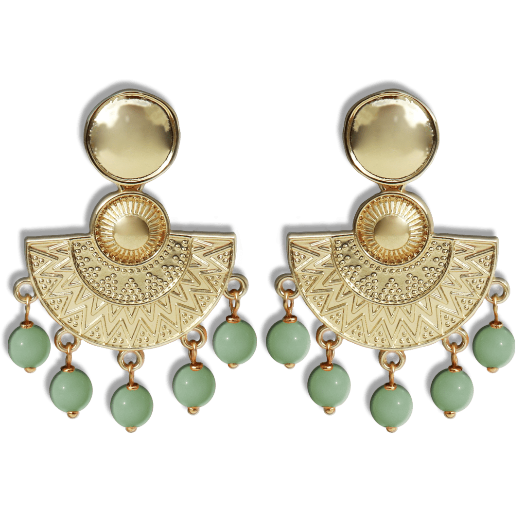 Pendientes dorados piedra verde png Pendientes Inca - detalle 2 - bisutería artesanal Katarsis